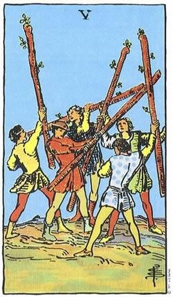 塔罗牌权杖五正位与逆位的含义解读-Five of Wands
